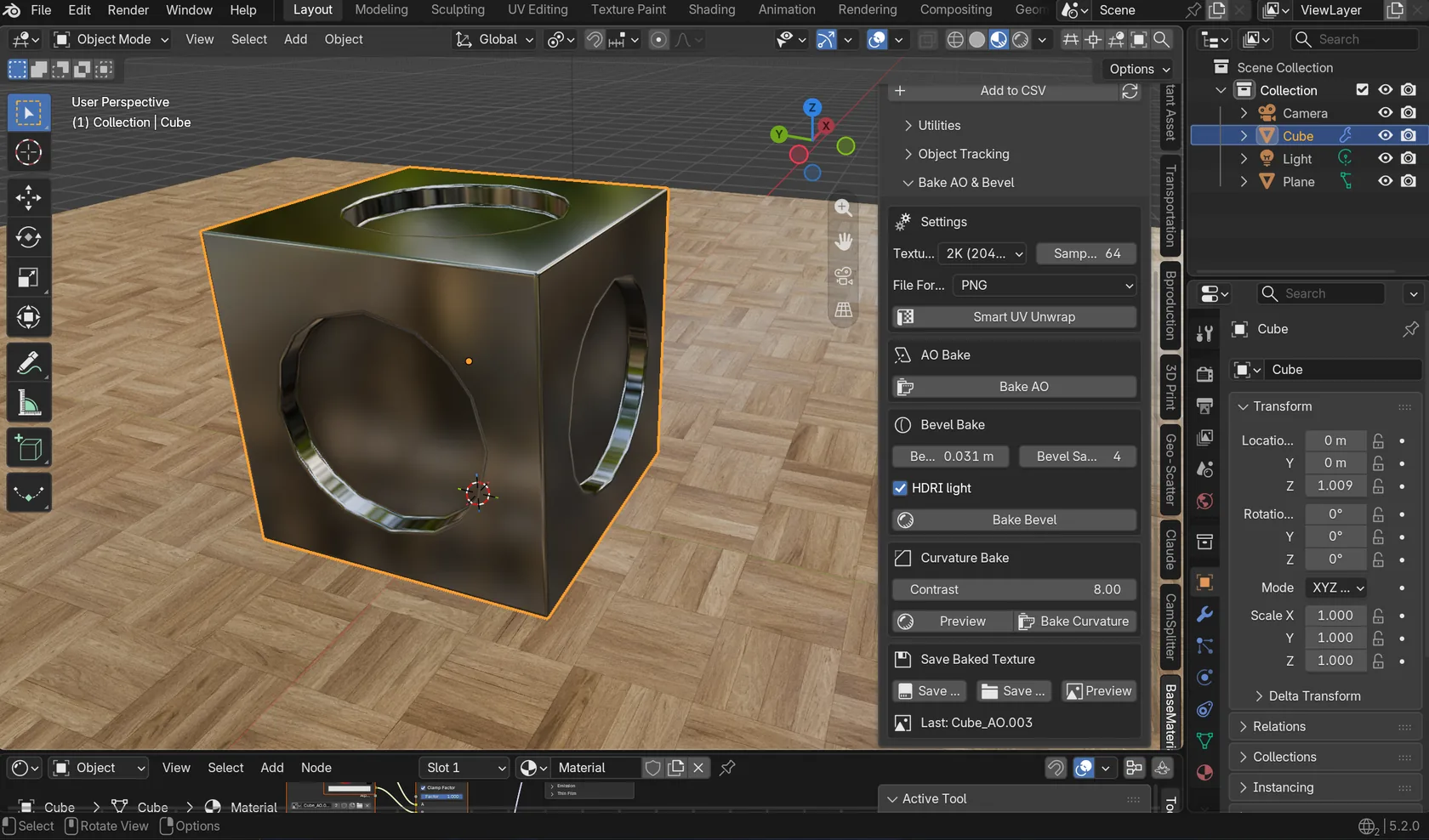 Bake-AO-&-Bevel-Panel an einem Würfel mit gebohrten Löchern: AO Bake, Bevel Bake mit aktivierter HDRI-Beleuchtung und Curvature Bake, darunter Save Baked Texture