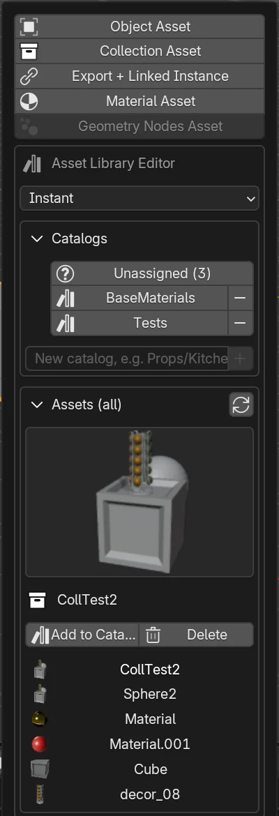 Instant-Asset-Panel in Blender 5.2: fünf Export-Knöpfe (Object Asset, Collection Asset, Export + Linked Instance, Material Asset, Geometry Nodes Asset), darunter der Asset Library Editor mit Bibliotheks-Dropdown, Katalogbaum mit Unassigned, BaseMaterials und Tests, Eingabefeld für neue Kataloge sowie Asset-Liste mit Vorschaubild, Add-to-Catalog- und Delete-Knopf