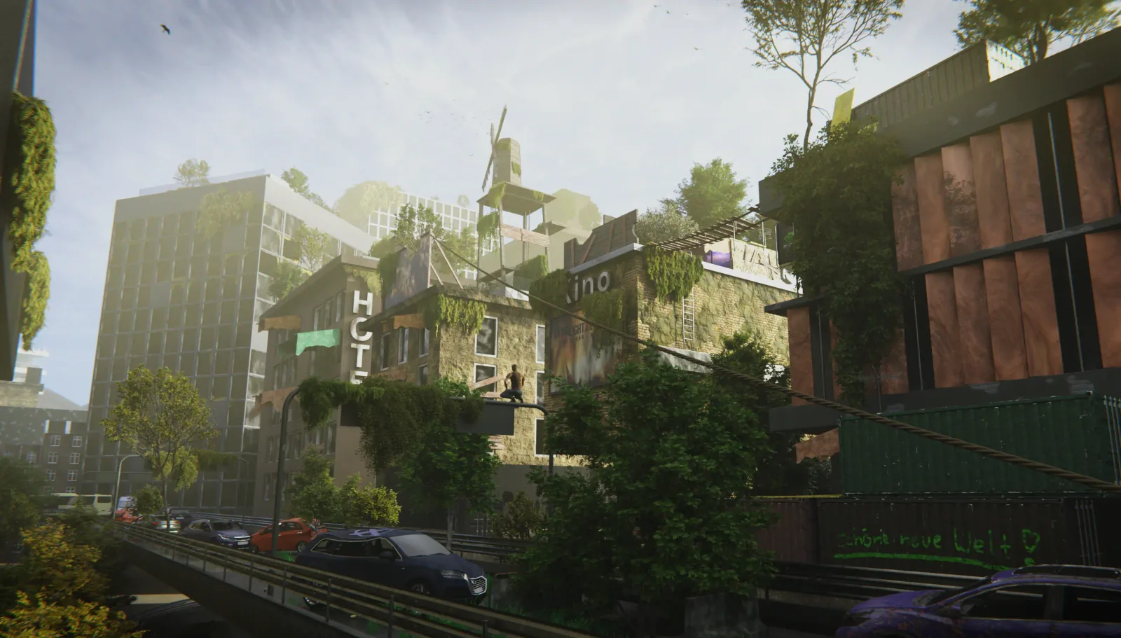 Blender-Rendering einer postapokalyptischen Stadtszene mit Kino und Hotel, bewachsen von Vegetation — Dying-Light-2-Fanart