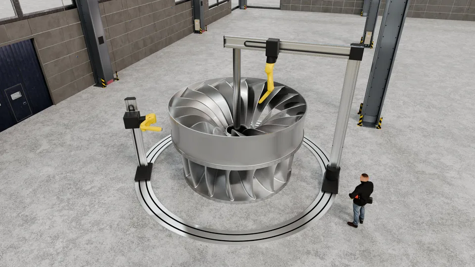 Rendering einer Portal-Schleifanlage mit zwei Robotern auf Kreisbahn um einen großen Turbinenläufer