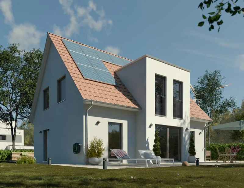 Standbild aus einer 3D-Animation: Einfamilienhaus mit roten Dachziegeln, Solardach und Liegestühlen auf der Terrasse im Sommerlicht