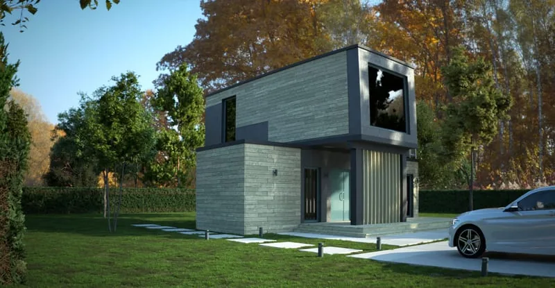 Architekturvisualisierung eines modernen, kubischen Einfamilienhauses mit Natursteinfassade im Herbstlicht, Blender-Rendering von CG-Mechanics