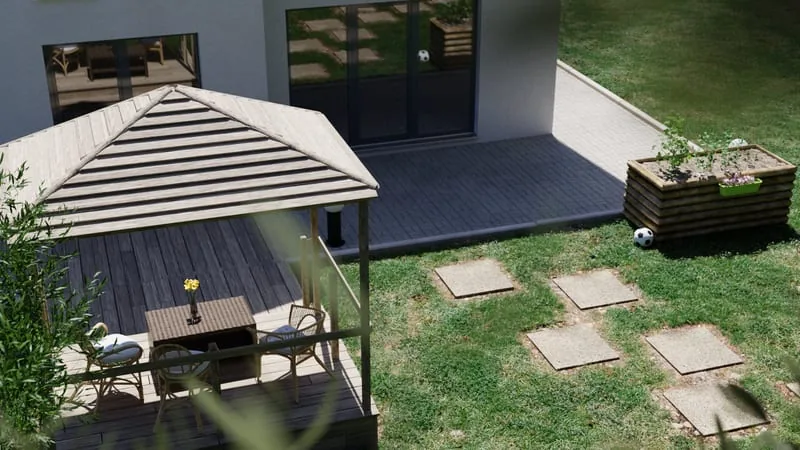 Ausschnitt eines virtuellen 360°-Rundgangs aus der Vogelperspektive: überdachte Holzterrasse mit Pavillon und angrenzendem Garten