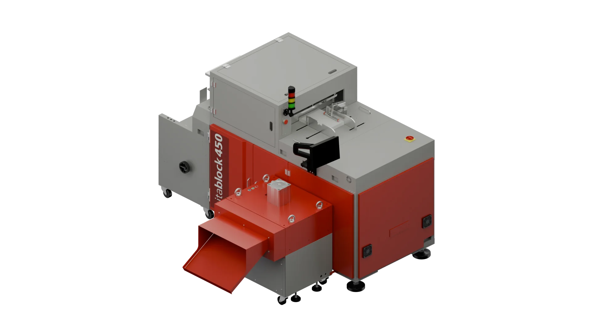 Fertig gerenderte Papierverarbeitungsmaschine, dasselbe Modell wie in der Linienzeichnung